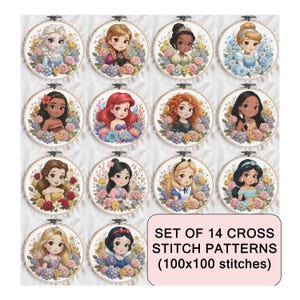 Op de afbeelding: Set van 14 kruissteekpatronen met Disney-prinsessen, elk in een houten borduurring. De ontwerpen tonen de prinsessen omringd door bloemstukken. De tekst op de afbeelding luidt: "SET OF 14 CROSS STITCH PATTERNS (100x100 stitches)".