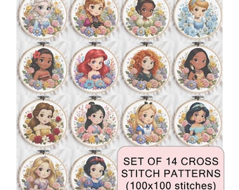 14 Cross Stitch Pattern Princesses Embroidery Designs Counted Cross Stitch PDF Cartoon Characters Embroidery Patterns For Beginners Digital