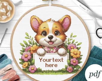 Aangepast kruissteekpatroon geboortekaartje, gepersonaliseerd babyborduurwerk jongen meisje kinderkamerdecoratie, getelde grafiek cadeau DIY, digitale pdf hond