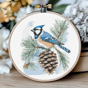 May include: A cross-stitch embroidery hoop featuring a blue jay perched on a pine branch with a pine cone. The bird has blue, white, and tan feathers. The background is white with a hint of blue, and the hoop is made of wood.