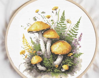 May include: Cross stitch pattern of yellow mushrooms with white stems surrounded by green ferns and yellow flowers.