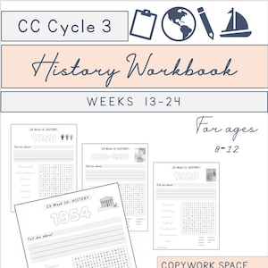 Puede incluir: Un libro de trabajo de historia imprimible para niños de 8 a 12 años. El libro de trabajo abarca las semanas 13 a 24 del ciclo 3 de CC. La portada presenta un fondo rosa con el título "History Workbook" en texto cursivo blanco. El título está rodeado por un borde blanco. El libro de trabajo incluye búsquedas de palabras, espacio para copiar y actividades de trazado cursivo. El libro de trabajo es una descarga digital.