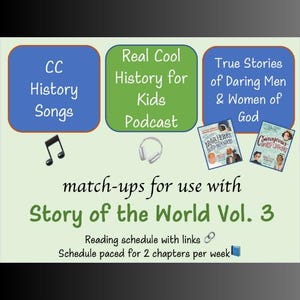 May include: A graphic promoting educational resources. It displays text in coloured boxes: "CC History Songs," "Real Cool History for Kids Podcast," and "True Stories of Daring Men & Women of God." The image also includes book covers, musical notes, and headphones.