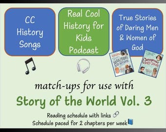 May include: An educational graphic with text and illustrations. It features three colored boxes with text: "CC History Songs," "Real Cool History for Kids Podcast," and "True Stories of Daring Men & Women of God." The image also includes book covers, musical notes, and headphones.