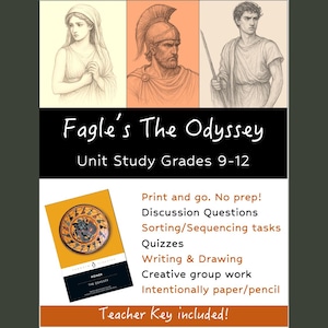 Peut inclure: Une ressource numérique pour l'étude de "L'Odyssée" d'Homère, destinée aux élèves des classes de 9e à 12e. L'image comprend des illustrations de figures grecques, la couverture du livre et du texte.