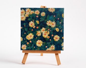 Flower Painting On Canvas, Original Art, Mini Canvas, Sunny Valley Of Yellow blossoms