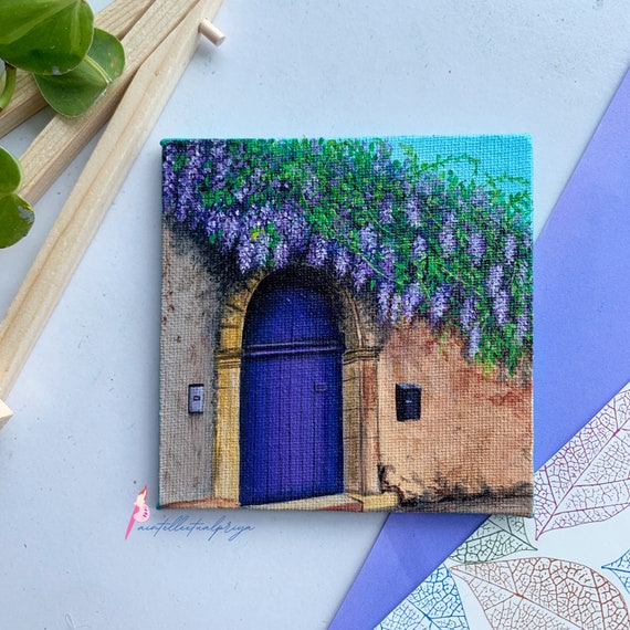 Mini Canvas Original Art Purple Door Aesthetic Painting 
