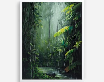 霧深い熱帯林の雨滴を描いたリビングルーム用森林絵画壁飾り壁紙 室内