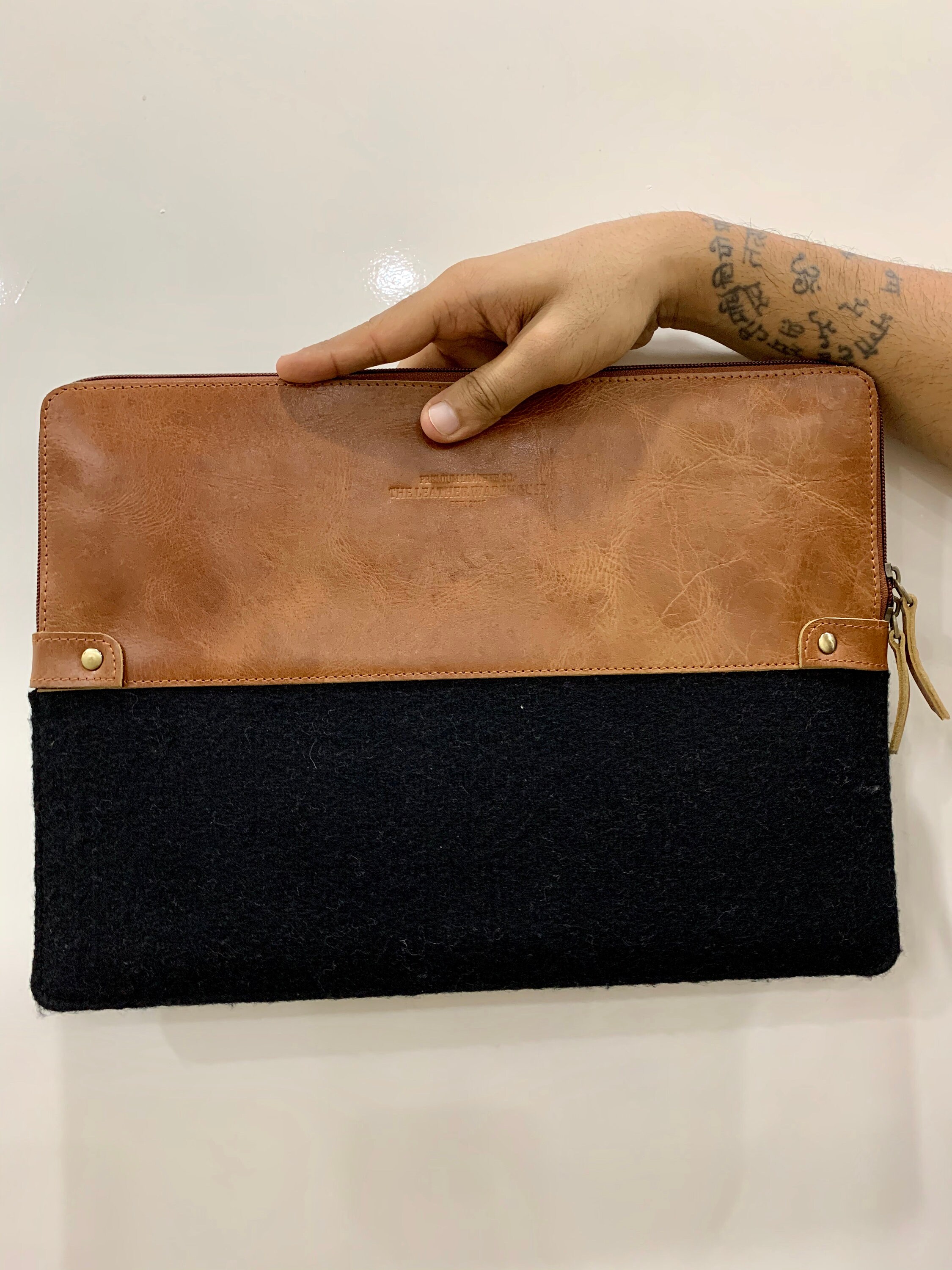 Personalised Felt laptop leather sleeve with inbuilt card Etsy