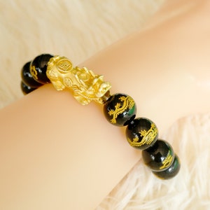 Handcrafted Black Obsidian Dragon with Gold-Plated Pixiu Bracelet - Handmade Jewelry for Wealth, Protection, Good Fortune and Prosperity