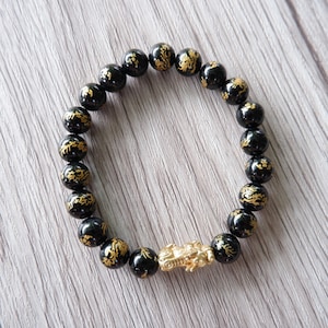 Black Obsidian Carving Beads Bracelets with Feng Shui Pi Yao Pixiu Handmade Engrave, Good Luck, Wealth and Protection Bracelet / 8mm bead