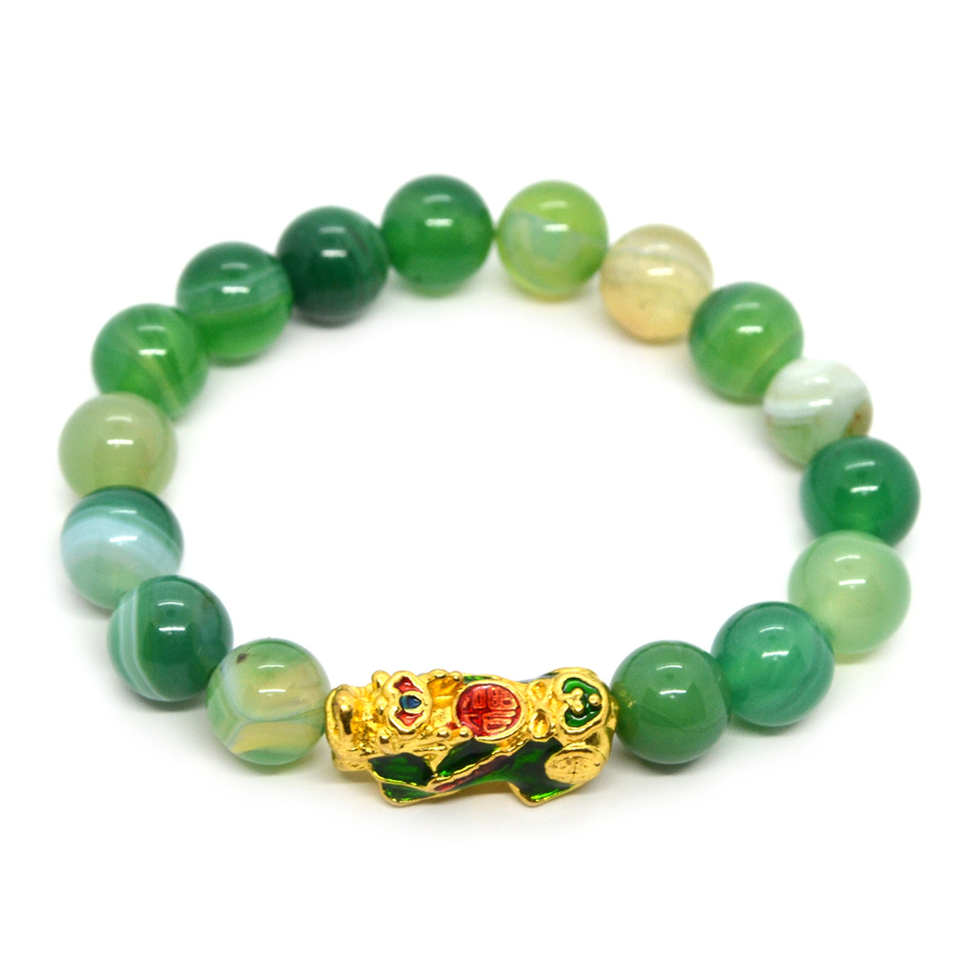 Feng Shui Pi Yao Pixiu green agate bead bracelet / Good Luck Etsy