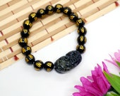 Black Obsidian Carving and Blue Tiger Eye Beads Bracelets with Feng Shui Pi Yao Pixiu Handmade, Good Luck, Wealth and Protection Bracelet