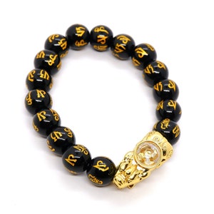 Black Obsidian Carving Beads Bracelets with Feng Shui Pi Yao Pixiu Handmade Engrave, Good Luck, Wealth and Protection Bracelet