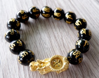 Black Obsidian Carving Beads Bracelets with Feng Shui Pi Yao Pixiu Handmade Engrave, Good Luck, Wealth and Protection Bracelet size 12mm