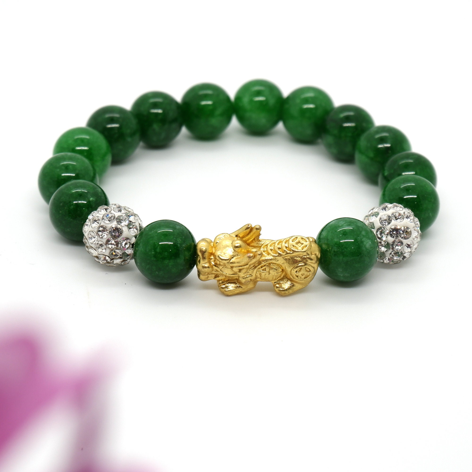 Green Jade beads Bracelet with Feng Shui Pixiu Pi Yao Gold Etsy
