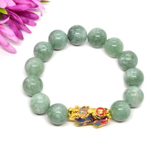 Green Burma Natural Jade Beads Bracelet with Gold Plated Feng Shui Pixiu Pi Yao Charm, 14mm Beads Handmade Bracelet for Men Women