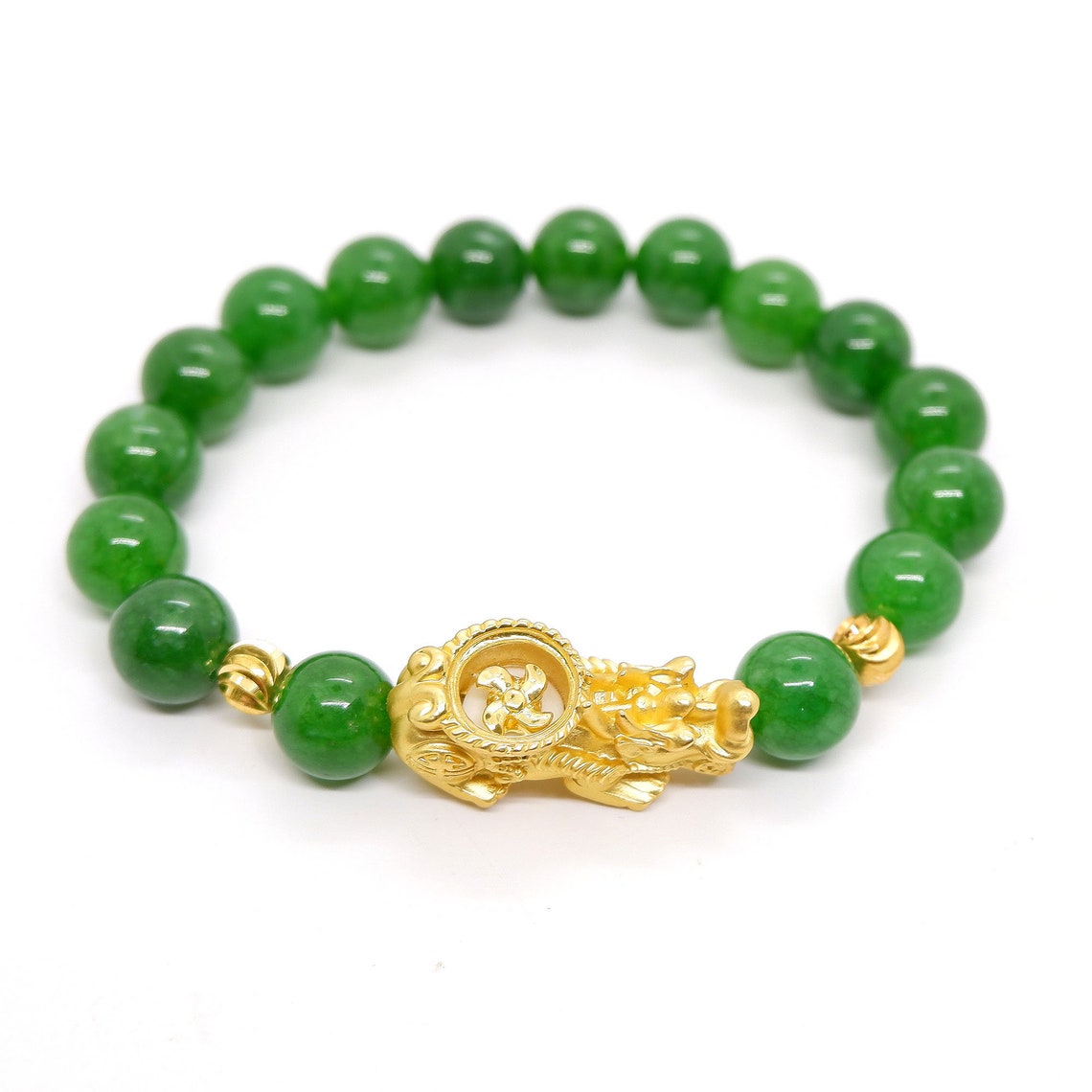 Green Jade beads Bracelet with Chinese Gold Plated Feng Shui | Etsy