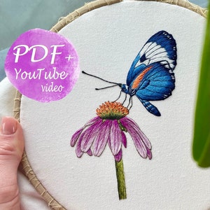 Detailed Digital Embroidery Tutorial: Dark Blue Butterfly on a Purple Flower - Insect Step-by-Step DIY Guide - Nature Embroidery Art pattern