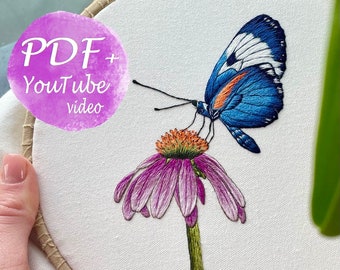 Detailed Digital Embroidery Tutorial: Dark Blue Butterfly on a Purple Flower - Insect Step-by-Step DIY Guide - Nature Embroidery Art pattern
