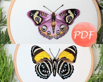 Guides de broderie à la main étape par étape TWO Butterflies | Patron PDF papillon violet | Modèle numérique de tutoriel de peinture à l'aiguille Callicore Lyca