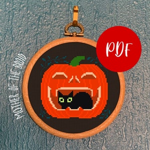 PUMKITTY PDF PATTERN witchy Halloween cross stitch pattern