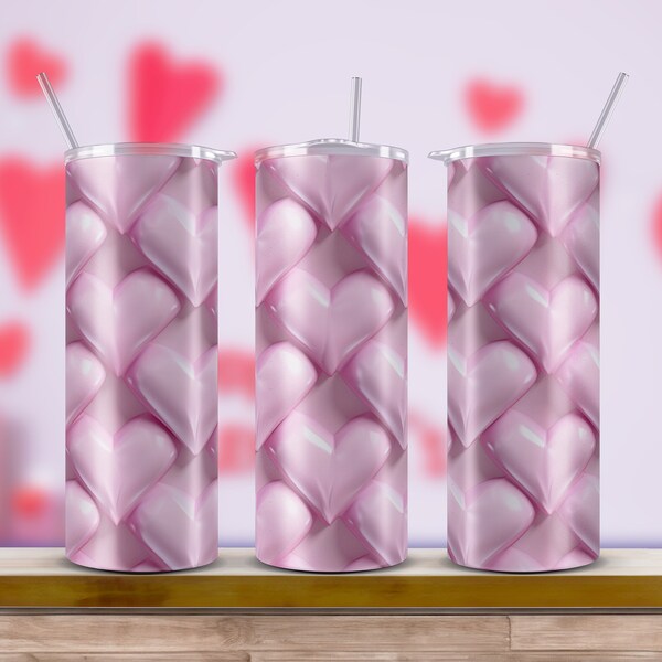 3D Soft Pink Heart | 20 oz Skinny Tumbler Sublimation Design, Straight And Tapered Tumbler Wrap, Instant Digital Download PNG