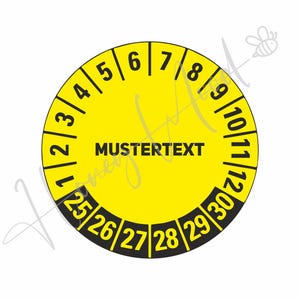 May include: Yellow circular sticker with black numbers 1 through 30 around the edge. The centre of the sticker is yellow with black text that says "MUSTERTEXT".