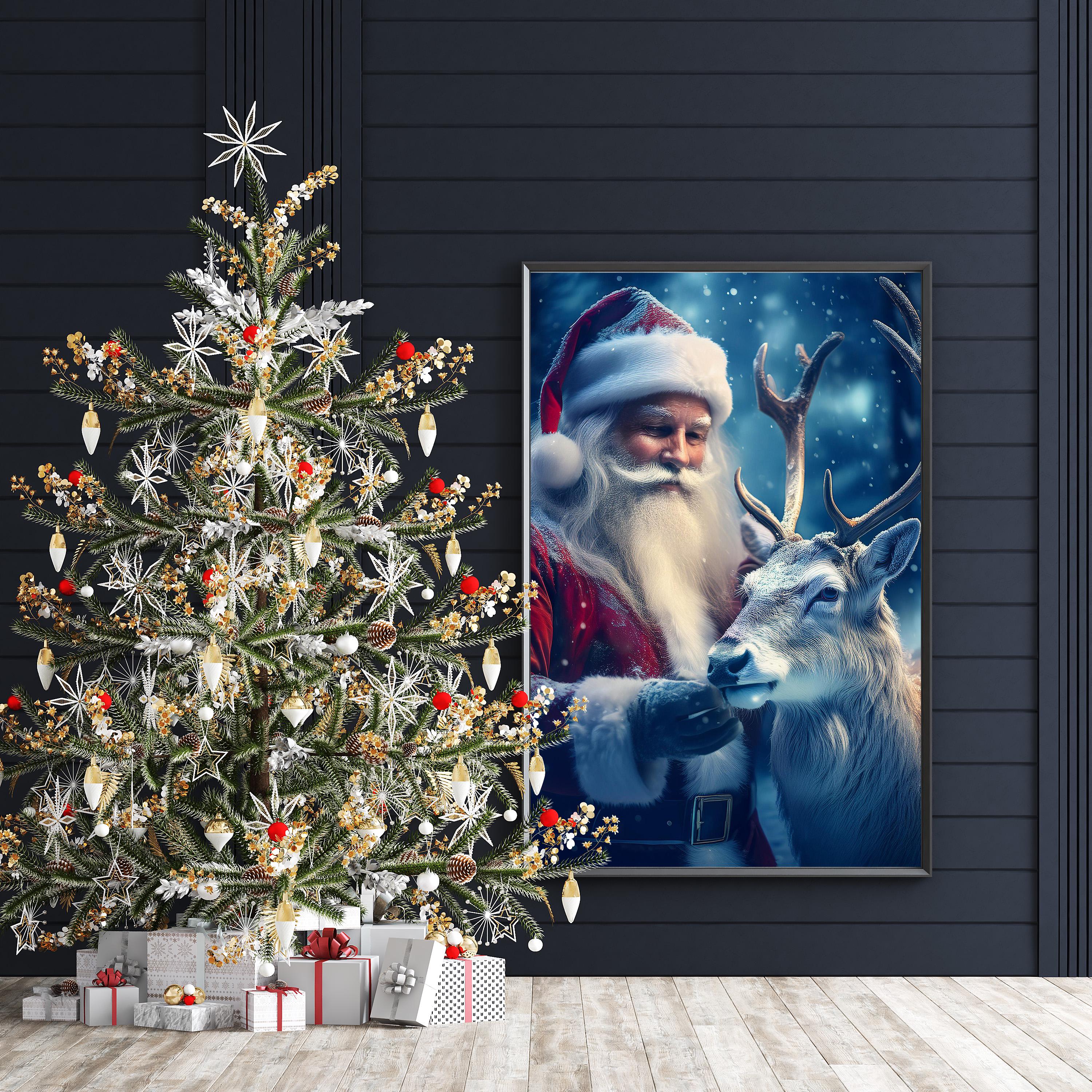 Santa Claus Reindeer Wall Art Print, Forest Snowfall in Winter Printable Christmas Home Decor, Digital Download, Home Decoration