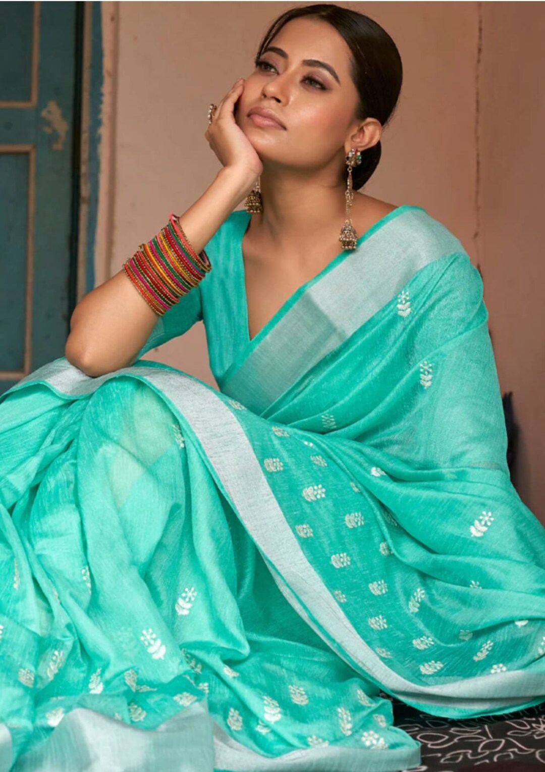 Linen Pure Linen Embroidery Saree With Blouse Piece Handloom Sari Etsy