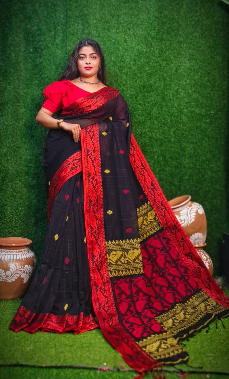 Chettinad Pure Handloom Mustard Mercerised Cotton Saree With Red Contrasting Temple Border and Plain Pallu
