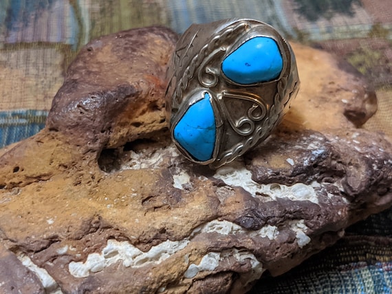 Vintage Sterling Silver Double Turquoise Stone Ri… - image 1