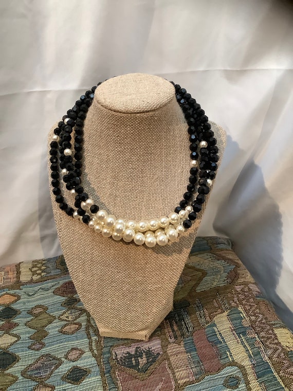 Vintage Faux Pearl and Black Bead Necklace - image 1