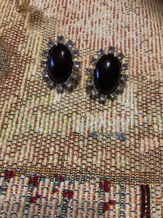 Vintage Rhinestone and Faux Onyx Earrings - image 1