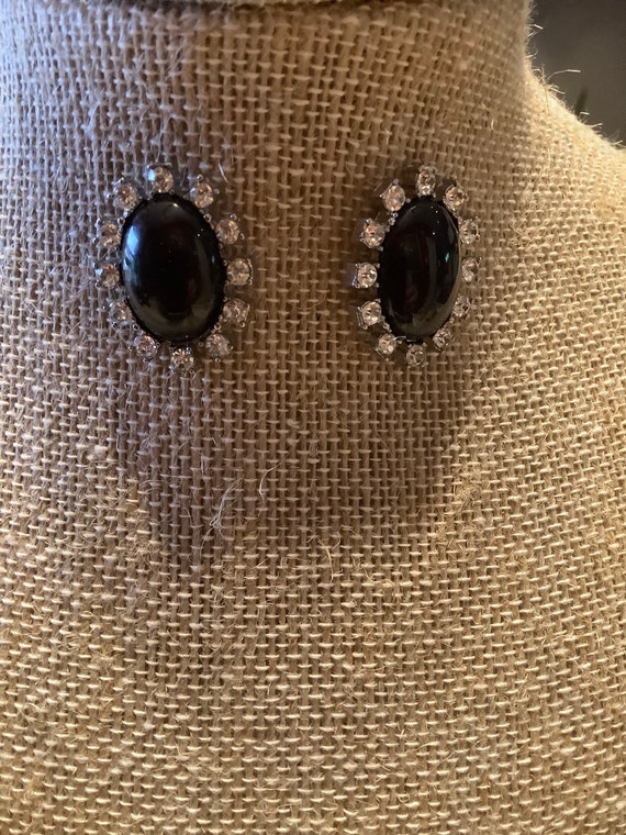 Vintage Rhinestone and Faux Onyx Earrings - image 2