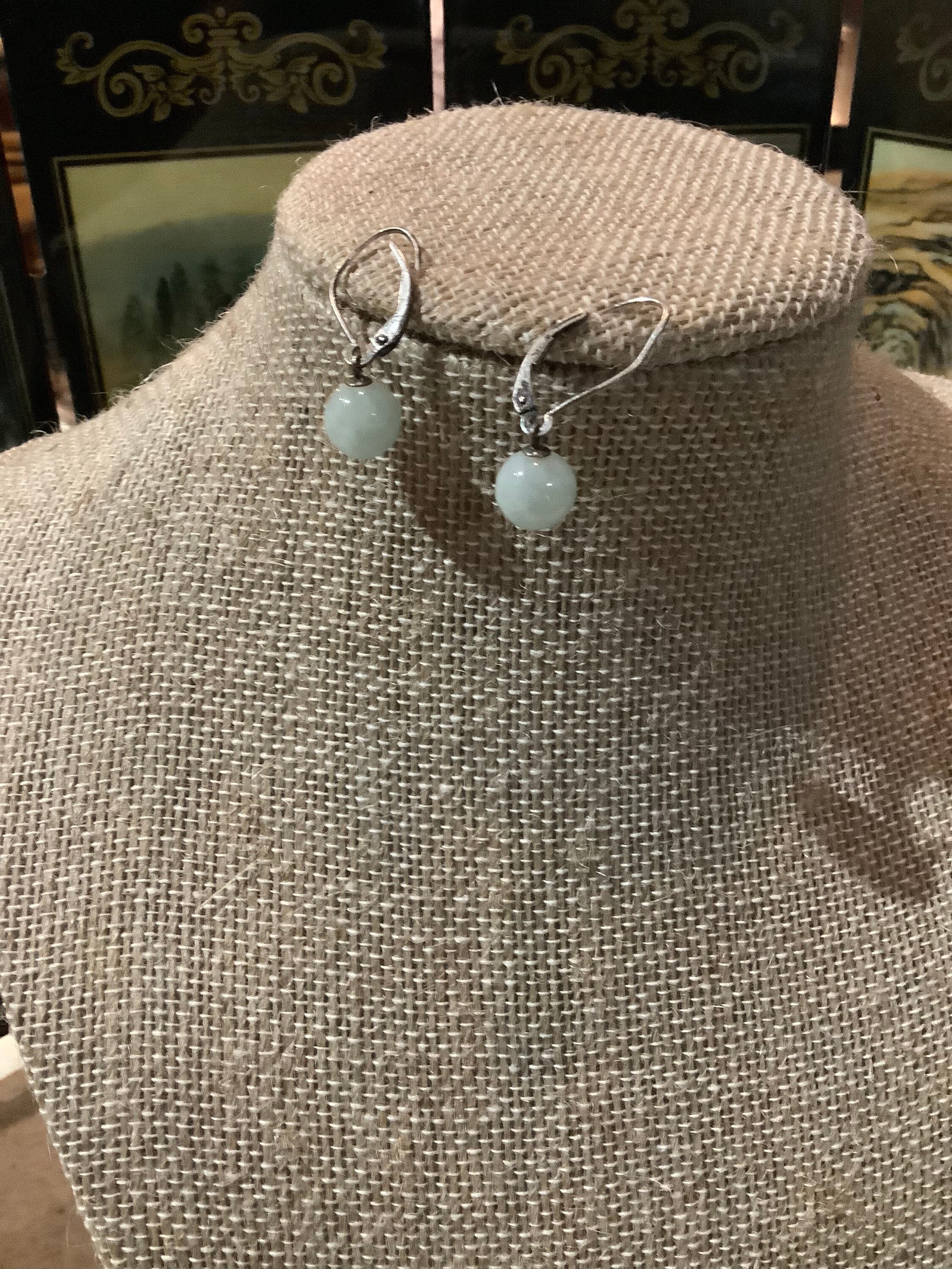 Vintage Sterling Silver and Pale Jade Dangle Earrings