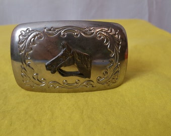 Vintage USA Made Silver Belt Buckle with Brass Horse