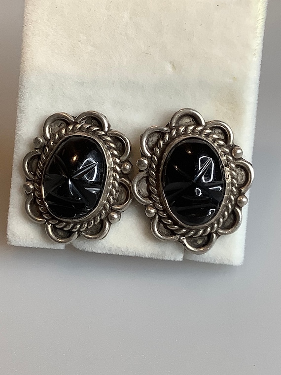 Vintage Sterling Silver and Onyx Scarab Earrings
