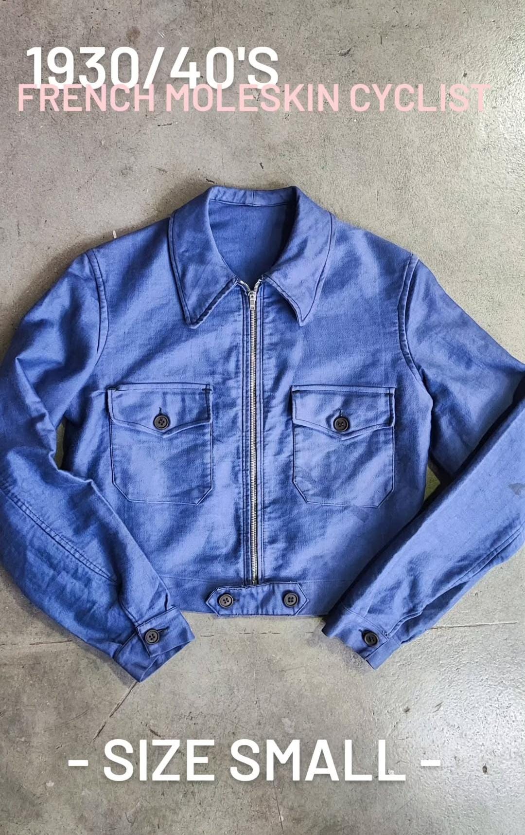 Circa 1930/40s French Blue Moleskin Cyclist Jacket / Size Small