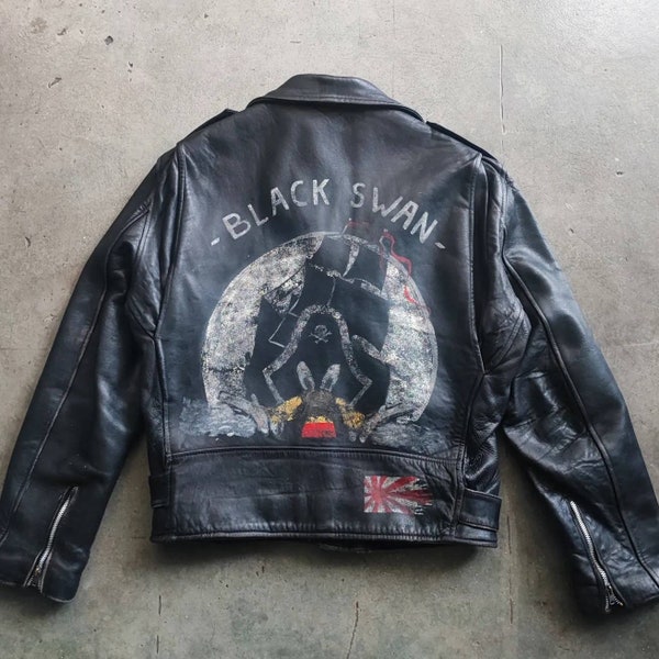 Circa 80s custom perfecto hand painted / classic vintage leather biker coat