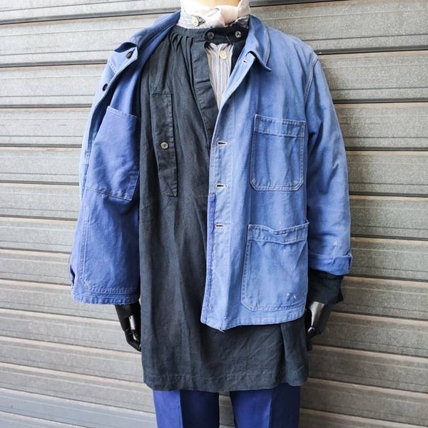 Circa 40s French indigo linen maquignon biaude / antique workwear vintage denim