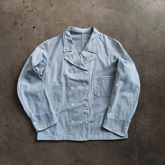1930s French butcher double breasted houndstooth jacket / made in France / V shape / natural mother-of-pearl button / antique classic denim