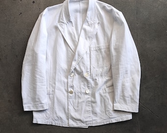 Circa 1930/40s chaqueta de algodón blanco de camarero de café antiguo francés / botones de nácar / doble pecho / ropa de trabajo vintage clásica