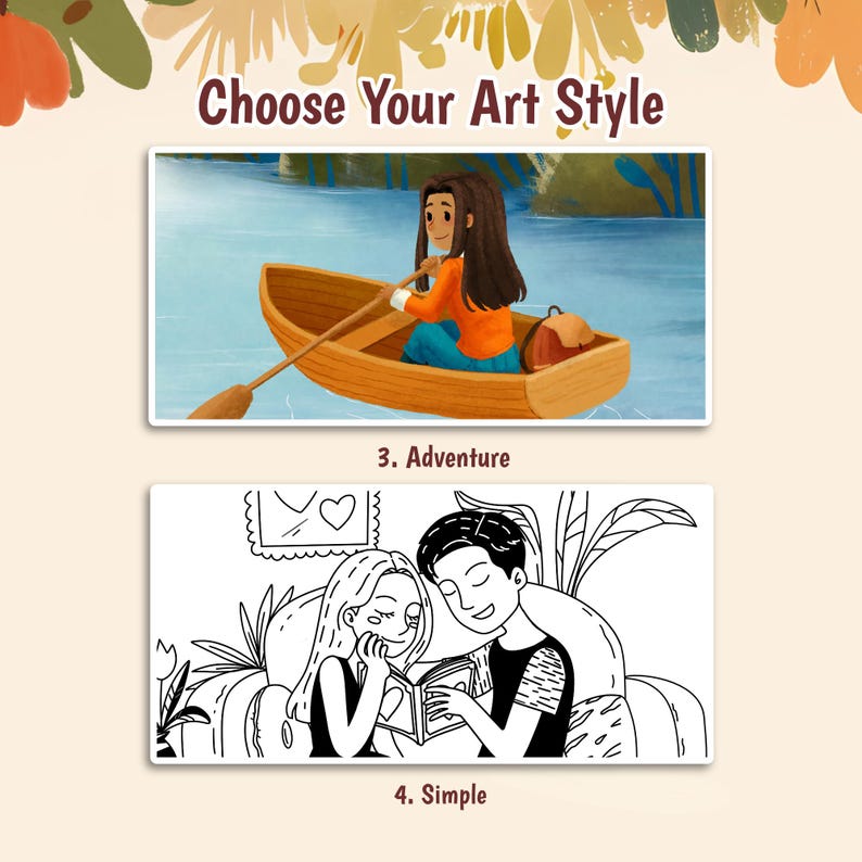 May include: A graphic display titled Choose Your Art Style featuring two options. Option 3 Adventure shows a person with long dark hair rowing a wooden boat on blue water. Option 4 Simple is a black and white line drawing of two people reading.