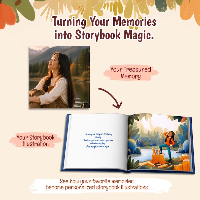 May include: A custom storybook featuring a photo of a person by a lake and a corresponding illustration of a character in a forest. The text reads: Turning Your Memories into Storybook Magic, Your Treasured Memory, Your Storybook Illustration.