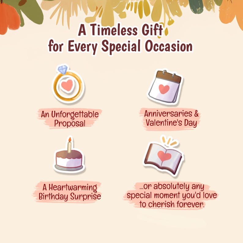 May include: A graphic featuring the text A Timeless Gift for Every Special Occasion, with four icons: a gold ring with a diamond, a calendar with a heart, a birthday cake with a candle, and an open book with a heart, plus descriptive text labels.