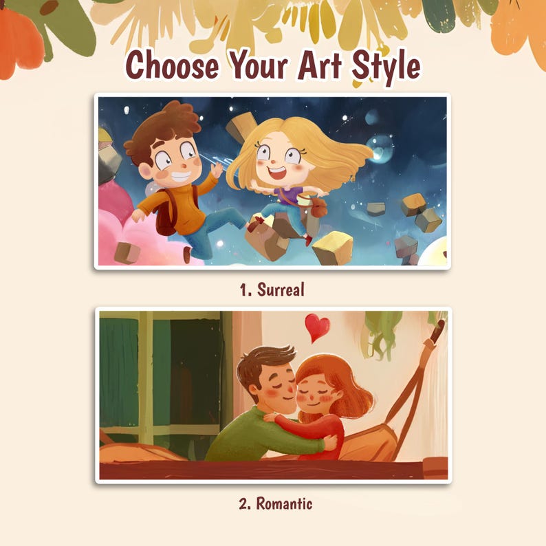 May include: A graphic display titled Choose Your Art Style featuring two illustrations. The first, labeled 1. Surreal, shows two cartoon characters floating in a dark starry space. The second, labeled 2. Romantic, shows two characters embracing.