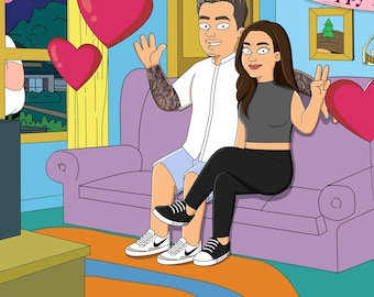 Retrato de dibujos animados para adultos personalizado, ilustración familiar satírica personalizada a partir de una foto divertida de dibujos animados F