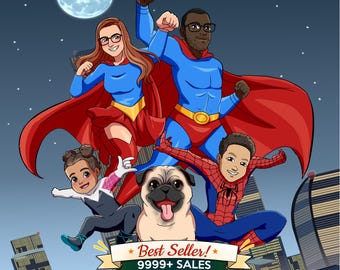 Personalized Heroic Cartoon Portrait, Super Power Family Illustration from Photo Funny V Cartoon