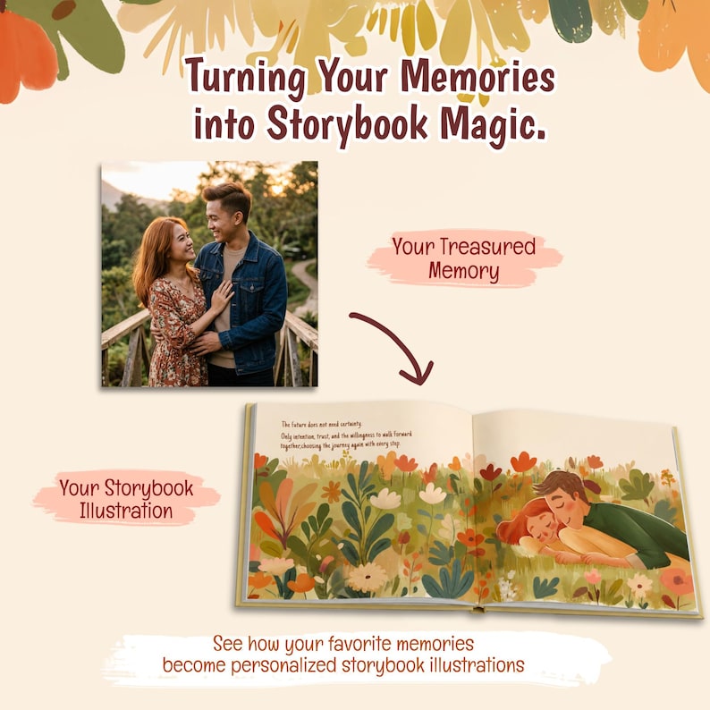 May include: A custom storybook illustration service display featuring the text Turning Your Memories into Storybook Magic. It shows a photograph of a couple on a bridge and an open book with a colorful, illustrated scene of a couple in a field.